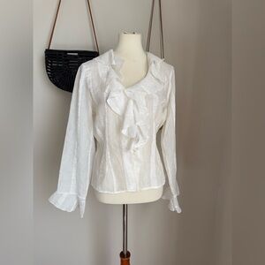 Vintage Collezione White Sheer Ruffle Button Top, Size XL